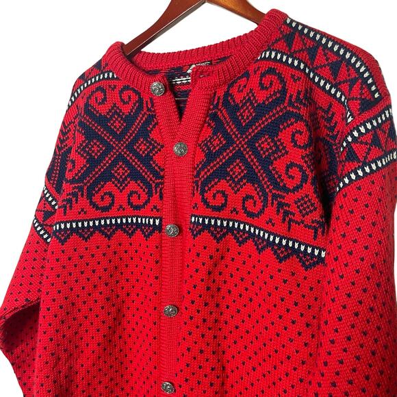 Dale of Norway Vintage Red Navy Fair Isle 100 Pure Wool Knit Cardigan Sweater XL - Picture 3 of 7